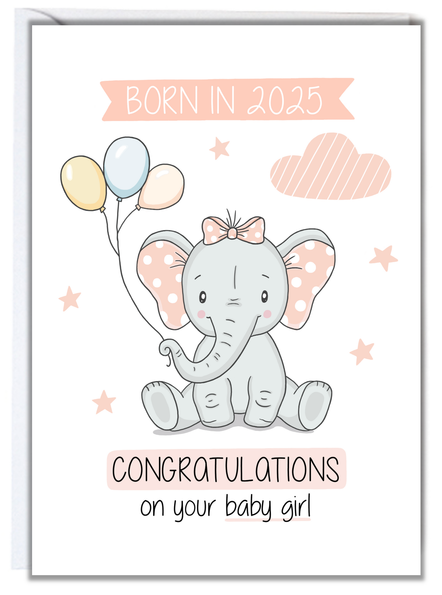Born in 2025 Elephant Baby Girl Card