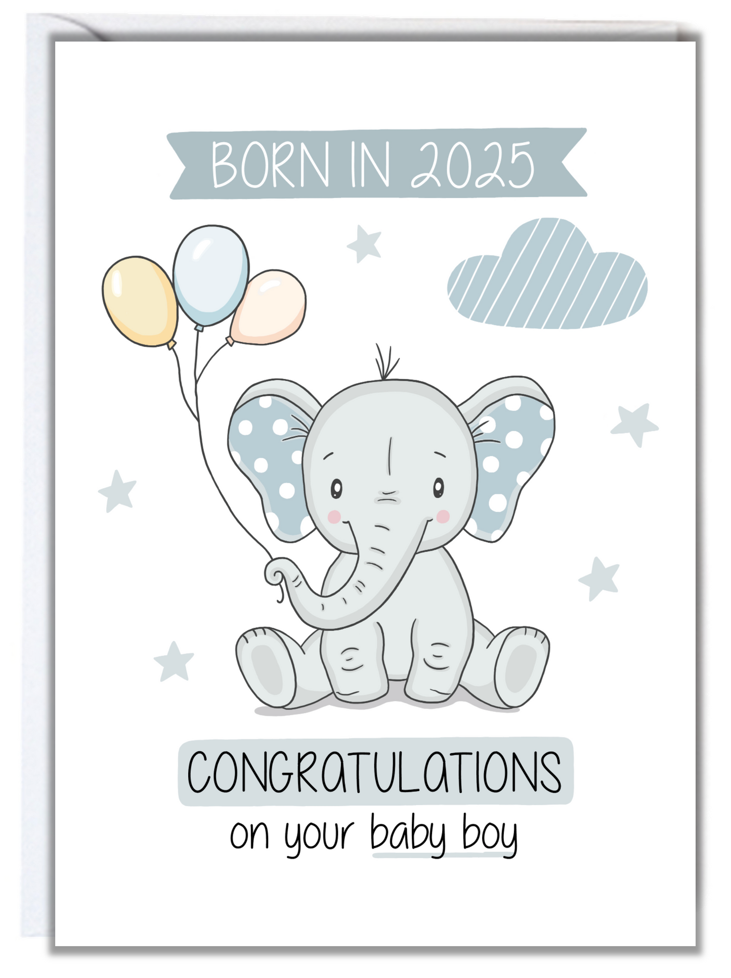Born in 2025 Elephant Baby Boy Card