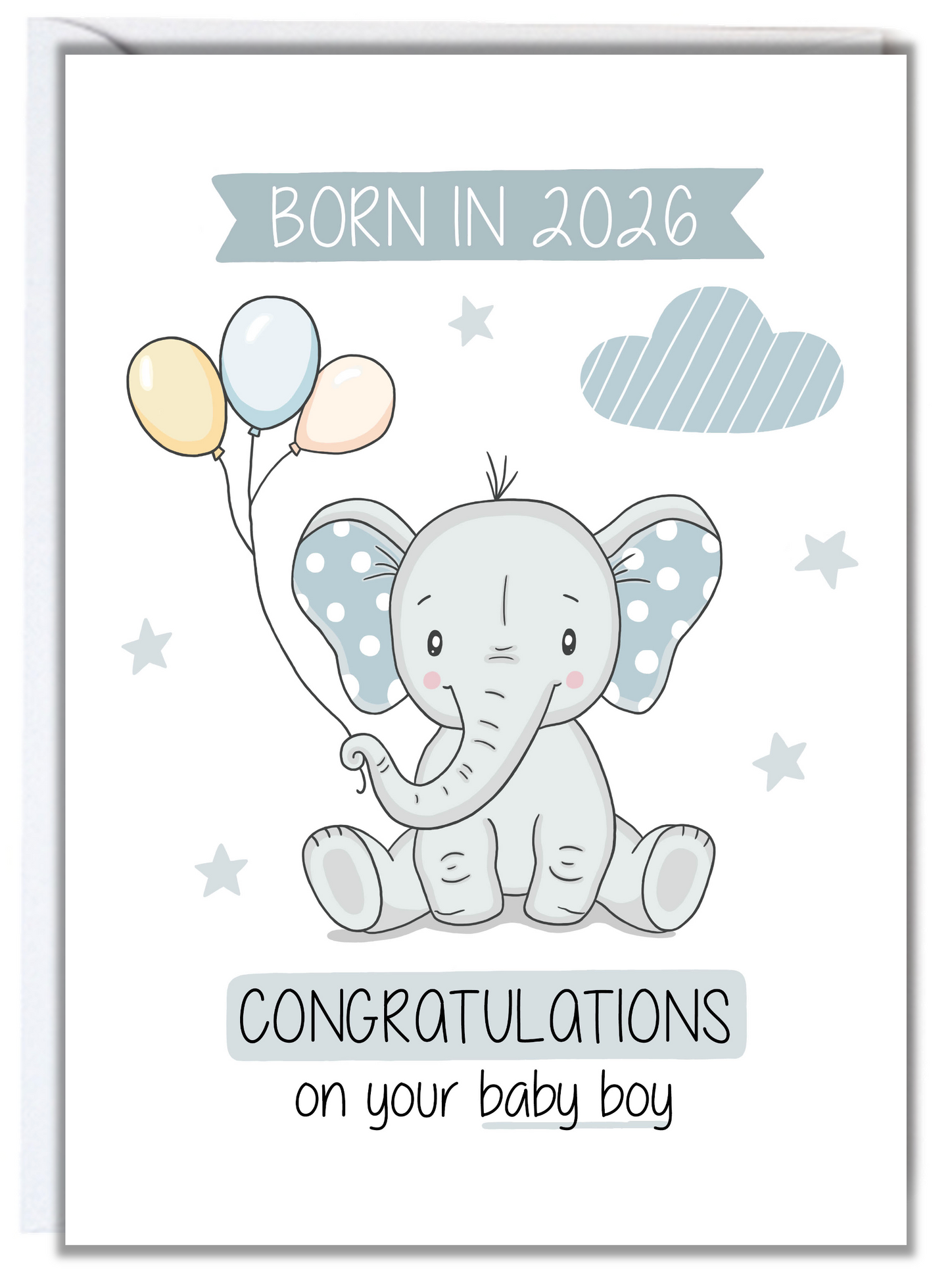 Born in 2026 Elephant Baby Boy Card